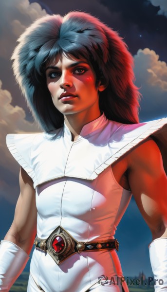 1girl,solo,long hair,blue eyes,black hair,gloves,1boy,blue hair,parted lips,sky,belt,cloud,white gloves,dark skin,dark-skinned female,lips,bodysuit,star (sky),science fiction,realistic,nose,retro artstyle,1980s (style),brown eyes,male focus,cape,night,facepaint