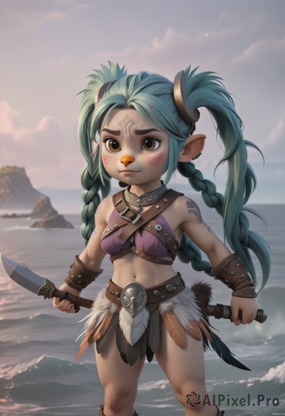 1girl,solo,long hair,breasts,blush,navel,holding,twintails,brown eyes,jewelry,weapon,braid,earrings,small breasts,outdoors,green hair,sky,pointy ears,midriff,cloud,water,twin braids,aqua hair,tattoo,ocean,facial mark,piercing,feathers,knife,dual wielding,freckles,mountain,dagger