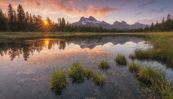 outdoors,sky,day,cloud,water,tree,no humans,bird,sunlight,cloudy sky,grass,nature,scenery,forest,reflection,sunset,mountain,sun,river,evening,landscape,mountainous horizon,lake,reflective water,pine tree