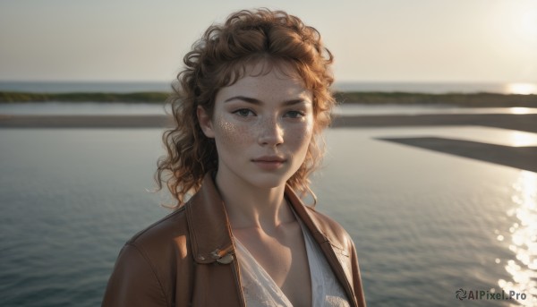 1girl,solo,long hair,looking at viewer,brown hair,closed mouth,collarbone,jacket,upper body,outdoors,open clothes,day,medium hair,water,blurry,lips,grey eyes,depth of field,blurry background,ocean,wavy hair,sunlight,messy hair,freckles,curly hair,brown jacket,realistic,nose,leather jacket,breasts,bangs,brown eyes,thick eyebrows,portrait,backlighting,leather