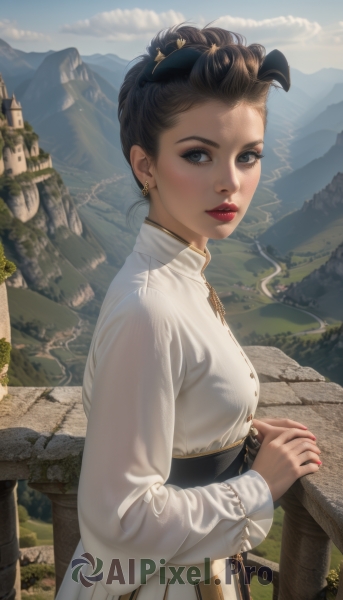 1girl,solo,breasts,looking at viewer,short hair,brown hair,shirt,black hair,long sleeves,dress,brown eyes,jewelry,upper body,earrings,outdoors,parted lips,sky,day,cloud,hair bun,nail polish,white dress,from side,blue sky,lips,grey eyes,makeup,ring,own hands together,lipstick,scenery,red nails,mountain,realistic,red lips,landscape,mountainous horizon,hair ornament,black eyes,tree,nose,bridge