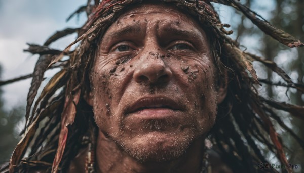 solo,long hair,looking at viewer,black hair,1boy,jewelry,closed mouth,male focus,outdoors,day,dark skin,blurry,black eyes,lips,depth of field,blurry background,facial hair,dark-skinned male,portrait,beard,realistic,dirty,dreadlocks,brown hair,close-up