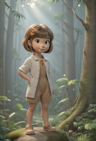 1girl,solo,looking at viewer,smile,short hair,bangs,brown hair,shirt,hair ornament,dress,brown eyes,jewelry,closed mouth,standing,jacket,full body,outdoors,open clothes,shoes,shorts,day,hairclip,necklace,blurry,tree,lips,hand on hip,buttons,leaf,brown footwear,sunlight,white jacket,thick eyebrows,child,nature,forest,light rays,female child,mushroom,short sleeves,artist name,grass,realistic,brown shorts