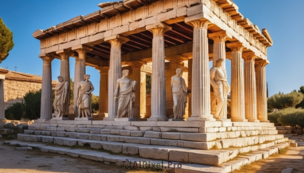 outdoors,sky,day,tree,blue sky,no humans,scenery,architecture,ruins,pillar,statue,arch,column,cloud,grass,plant,building,bush,shade,east asian architecture,stone,pavement