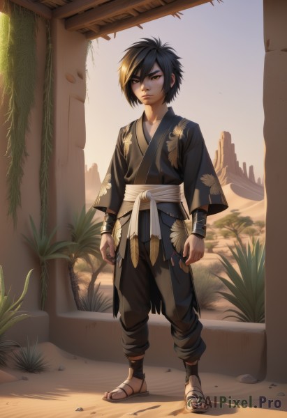 1girl,solo,looking at viewer,short hair,black hair,1boy,hair between eyes,brown eyes,closed mouth,standing,full body,male focus,outdoors,japanese clothes,pants,artist name,kimono,sash,watermark,scar,sandals,plant,clenched hands,rock,sand,arms at sides,ruins,pillar,desert,blonde hair,multicolored hair,day,leaf,aged down,web address