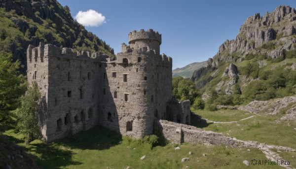 outdoors,sky,day,cloud,tree,blue sky,no humans,grass,nature,scenery,forest,rock,mountain,ruins,landscape,cliff,moss,water,cloudy sky,building,fantasy,castle,path