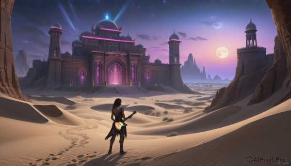 1girl,solo,black hair,standing,boots,outdoors,sky,signature,from behind,night,moon,instrument,star (sky),night sky,scenery,full moon,starry sky,fantasy,sand,guitar,facing away,crescent moon,playing instrument,holding instrument,tower,desert,long hair,1boy,ponytail,weapon,male focus,sword,artist name,cloud,sheath,planet,castle