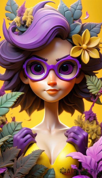 1girl,solo,breasts,looking at viewer,short hair,hair ornament,gloves,cleavage,medium breasts,purple eyes,collarbone,upper body,purple hair,flower,multicolored hair,small breasts,glasses,hair flower,two-tone hair,lips,eyelashes,makeup,leaf,watermark,plant,lipstick,yellow background,web address,eyeshadow,freckles,nose,purple gloves,purple lips,purple-framed eyewear,brown hair,elbow gloves