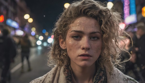 1girl,solo,looking at viewer,short hair,blonde hair,brown hair,jewelry,earrings,outdoors,parted lips,solo focus,dark skin,medium hair,mole,blurry,dark-skinned female,lips,grey eyes,night,depth of field,blurry background,wavy hair,portrait,freckles,curly hair,realistic,nose,dirty,bokeh,mole on cheek,long hair,necklace,wind,city,road,street,crowd,city lights,lights,dirty face