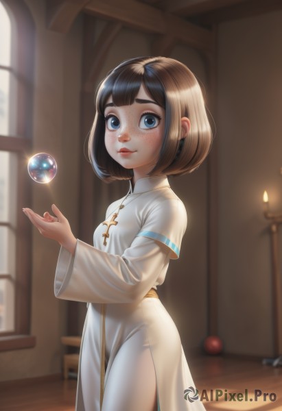 1girl,solo,breasts,looking at viewer,blush,smile,short hair,bangs,blue eyes,brown hair,black hair,long sleeves,dress,jewelry,closed mouth,standing,cowboy shot,small breasts,shiny,artist name,indoors,wide sleeves,necklace,white dress,blurry,from side,lips,see-through,window,depth of field,blurry background,bob cut,thick eyebrows,cross,child,freckles,nose,female child,magic,candle,orb,makeup,side slit,robe