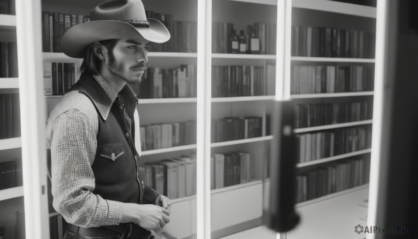 solo,short hair,shirt,1boy,hat,holding,monochrome,upper body,greyscale,male focus,collared shirt,indoors,blurry,vest,from side,book,facial hair,beard,sleeves rolled up,blurry foreground,mature male,realistic,bookshelf,cowboy hat,library,cowboy western,long sleeves,sideburns,mustache,reading