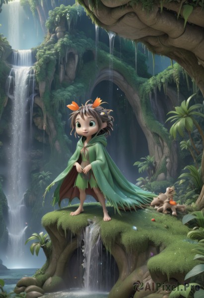 1girl,solo,smile,short hair,open mouth,brown hair,black hair,hair ornament,dress,green eyes,standing,flower,outdoors,barefoot,teeth,pointy ears,hood,water,cape,tree,torn clothes,animal,leaf,sunlight,plant,child,nature,scenery,cloak,forest,light rays,fantasy,mushroom,waterfall,moss,cupping hands,jewelry,multicolored hair,hair flower