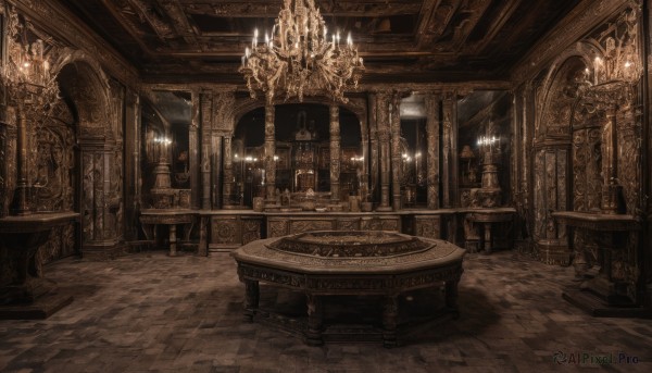 monochrome,indoors,dutch angle,no humans,window,table,scenery,stairs,candle,architecture,pillar,statue,ceiling,carpet,arch,candlestand,chandelier,column,chair,wooden floor,door,tile floor,throne,fireplace