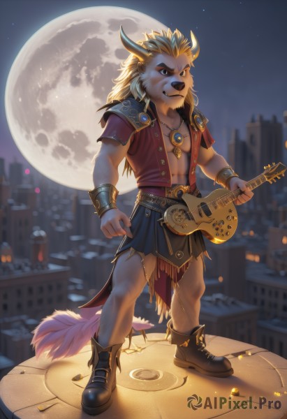 solo,long hair,looking at viewer,smile,1boy,holding,animal ears,jewelry,standing,jacket,tail,full body,short sleeves,male focus,earrings,boots,outdoors,open clothes,horns,sky,belt,artist name,necklace,armor,blurry,bracelet,muscular,night,blurry background,fangs,moon,feathers,pectorals,muscular male,shoulder armor,instrument,night sky,pelvic curtain,furry,full moon,city,music,guitar,cityscape,bracer,furry male,body fur,playing instrument,holding instrument,loincloth,snout,skirt,blonde hair,navel,medium hair,looking to the side,facial hair,abs,thick eyebrows,bara,large pectorals,mature male,bare pectorals,lion ears,pectoral cleavage,brown fur,lion boy