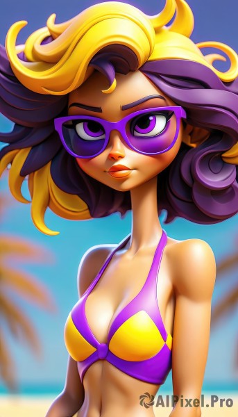 1girl,solo,breasts,looking at viewer,blonde hair,navel,cleavage,bare shoulders,medium breasts,purple eyes,collarbone,swimsuit,upper body,purple hair,bikini,multicolored hair,small breasts,outdoors,day,medium hair,blurry,two-tone hair,tree,lips,makeup,blurry background,beach,sunglasses,lipstick,tan,multicolored clothes,eyeshadow,tanlines,palm tree,purple bikini,tinted eyewear,short hair,midriff,artist name,stomach,ocean,bikini top only,asymmetrical hair,strap gap