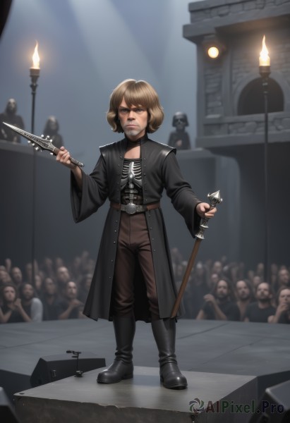 1girl,looking at viewer,short hair,brown hair,long sleeves,holding,standing,full body,weapon,boots,solo focus,belt,pants,sword,wide sleeves,black footwear,holding weapon,blurry,coat,facial hair,holding sword,knife,6+boys,black coat,holding knife,candle,dagger,brown pants,crowd,spotlight,torch,solo,blonde hair,shirt,closed mouth,outdoors,open clothes,choker,striped,lips,black pants,fire,dual wielding,open coat,mustache