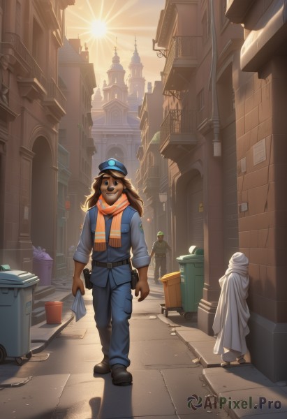 long hair,brown hair,gloves,1boy,hat,holding,standing,jacket,male focus,boots,outdoors,multiple boys,sky,striped,belt,pants,2boys,scarf,black footwear,uniform,shadow,sunlight,building,box,cloak,furry,blue headwear,walking,city,sun,bucket,furry male,police,police uniform,tower,statue,trash can,orange scarf,alley,pavement,crate,1girl,solo,looking at viewer,smile,blue eyes,shirt,long sleeves,animal ears,full body,shoes,day,black gloves,brown footwear,blue shirt,blue jacket,goggles,dog ears,scenery,1other,brown gloves,sleeves rolled up,blue pants,road,brown fur