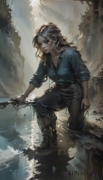 1girl,solo,long hair,breasts,blush,blonde hair,brown hair,shirt,holding,brown eyes,medium breasts,closed mouth,standing,collarbone,full body,weapon,boots,collared shirt,belt,pants,sword,artist name,water,black footwear,holding weapon,lips,wet,wavy hair,black pants,blue shirt,knife,wading,sleeves rolled up,freckles,holding knife,ripples,jewelry,outdoors,parted lips,necklace,scar