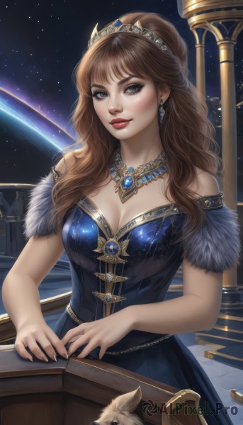 1girl,solo,long hair,breasts,looking at viewer,smile,bangs,blue eyes,large breasts,brown hair,dress,cleavage,bare shoulders,jewelry,medium breasts,upper body,earrings,parted lips,sky,artist name,necklace,star (symbol),nail polish,lips,grey eyes,fur trim,strapless,makeup,night,blue dress,animal,watermark,tiara,crown,lipstick,gem,star (sky),night sky,strapless dress,starry sky,nose,railing,red lips,space,planet,coin,gold,diadem,blush,brown eyes,wavy hair,instrument,dog,realistic,piano