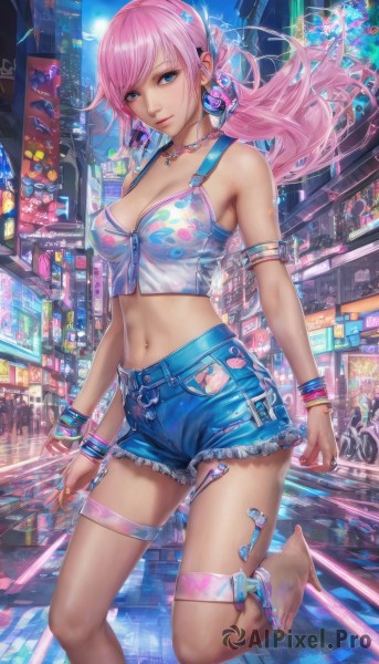 1girl,solo,long hair,breasts,looking at viewer,bangs,blue eyes,large breasts,hair ornament,navel,cleavage,bare shoulders,twintails,jewelry,medium breasts,standing,collarbone,ponytail,pink hair,heart,earrings,outdoors,sky,shorts,barefoot,sleeveless,solo focus,day,midriff,necklace,stomach,nail polish,bracelet,feet,lips,crop top,see-through,short shorts,thigh strap,toes,swept bangs,piercing,leg up,ring,standing on one leg,tank top,denim,building,wristband,ear piercing,bandaid,pink nails,armlet,zipper,blue nails,blue shorts,denim shorts,city,bangle,cutoffs,navel piercing,closed mouth,underwear,hairband,shiny,artist name,signature,shiny skin,torn clothes,night,floating hair,watermark,scrunchie,ground vehicle,wind,night sky,armband,web address,motor vehicle,pendant,patreon username,pink lips,anklet,car,road,zipper pull tab,earphones,street,skyscraper,leg tattoo,colorful,shop,neon lights,crosswalk