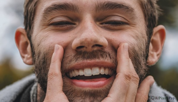 looking at viewer,smile,short hair,open mouth,brown hair,1boy,male focus,teeth,solo focus,blurry,black eyes,blurry background,facial hair,pov,thick eyebrows,portrait,beard,close-up,realistic,mustache,pov hands,hand on another's face,hands on another's face,pinching,cheek pinching,hands on another's cheeks,cheek squash,wrinkled skin,solo,closed eyes,nose