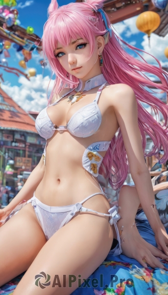 1girl,solo,long hair,breasts,looking at viewer,smile,bangs,blue eyes,navel,cleavage,bare shoulders,jewelry,medium breasts,sitting,closed mouth,swimsuit,pink hair,bikini,thighs,earrings,outdoors,sky,day,pointy ears,cloud,stomach,blurry,blue sky,lips,detached collar,blurry background,white bikini,multiple girls,ribbon,solo focus,necklace