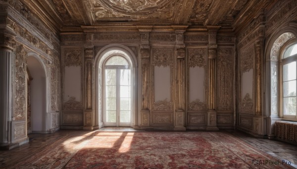 day,indoors,no humans,window,blood,sunlight,scenery,light rays,stairs,door,architecture,pillar,hallway,carpet,church,arch,column,shadow,plant,wooden floor,basket,ceiling,rug,chandelier