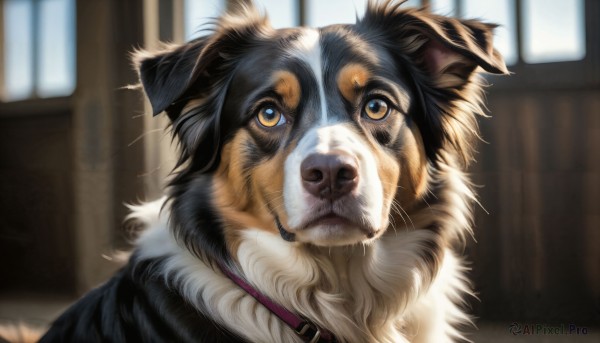 HQ,solo,looking at viewer,yellow eyes,indoors,blurry,no humans,window,depth of field,blurry background,animal,cat,portrait,dog,realistic,animal focus,whiskers,brown eyes,closed mouth,collar,white fur,shiba inu