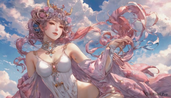 1girl,solo,long hair,breasts,looking at viewer,hair ornament,dress,cleavage,bare shoulders,brown eyes,jewelry,medium breasts,very long hair,upper body,pink hair,flower,earrings,outdoors,parted lips,sky,day,cloud,hair flower,collar,leotard,blue sky,lips,clothing cutout,floating hair,cloudy sky,tiara,gem,shawl,white leotard,red lips,brown hair,braid,choker,looking to the side,rose,crown