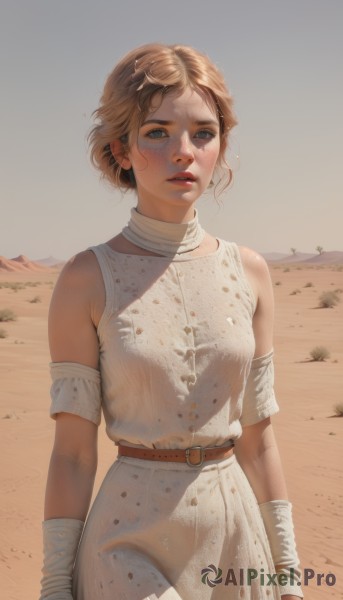 1girl,solo,breasts,looking at viewer,short hair,blue eyes,blonde hair,brown hair,dress,bare shoulders,standing,cowboy shot,outdoors,parted lips,sleeveless,day,belt,white dress,lips,bandages,freckles,bandaged arm,realistic,brown belt,dirty,desert,blush,bangs,sky,teeth,pants,sand,arms at sides