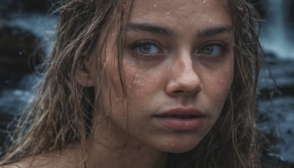 1girl, solo, long hair, looking at viewer, blonde hair, brown hair, brown eyes, parted lips, blurry, lips, wet, grey eyes, blurry background, portrait, close-up, realistic, nose, wet hair