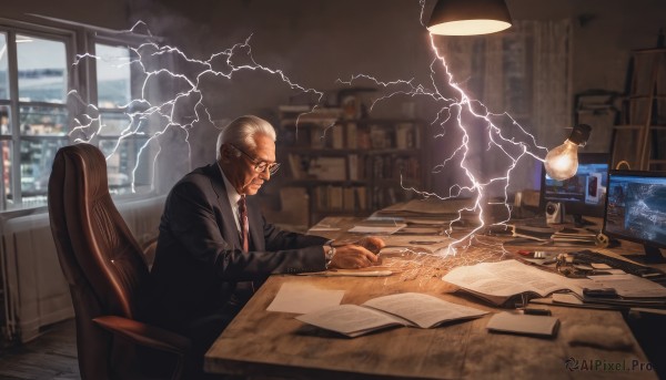 solo,shirt,long sleeves,1boy,sitting,jacket,male focus,necktie,glasses,indoors,cup,black jacket,book,window,facial hair,chair,formal,table,suit,red necktie,desk,paper,realistic,bookshelf,pen,electricity,lamp,computer,bald,old,monitor,old man,lightning,keyboard (computer),office,desk lamp,white shirt,white hair,grey hair,striped,collared shirt,blurry,from side,profile,blurry background,watch,open book,reading,wristwatch,striped necktie,black suit,wrinkled skin