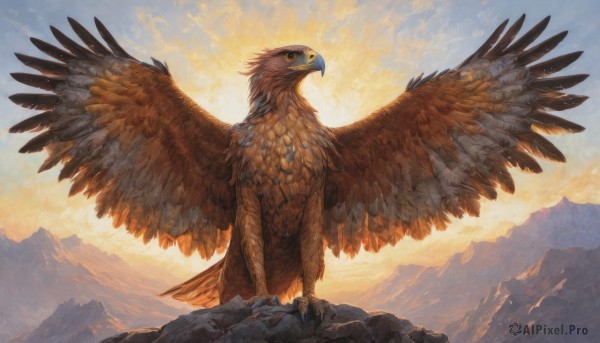 solo,closed mouth,standing,tail,full body,yellow eyes,outdoors,wings,sky,day,cloud,pokemon (creature),no humans,bird,looking up,mountain,animal focus,talons,spread wings,animal,scenery,sunset,sunrise