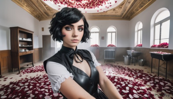 1girl,solo,breasts,looking at viewer,short hair,black hair,dress,ribbon,cleavage,medium breasts,closed mouth,upper body,flower,short sleeves,small breasts,indoors,black eyes,vest,black dress,lips,grey eyes,petals,window,black ribbon,neck ribbon,makeup,chair,table,nose,door,shelf,rose petals,kitchen,cabinet,tablecloth,bangs,food,day,clothing cutout,swept bangs,cleavage cutout,thick eyebrows,eyeshadow,freckles,realistic,eyeliner,mascara