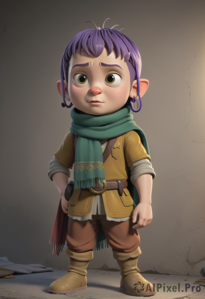 1girl,solo,looking at viewer,short hair,1boy,brown eyes,jewelry,standing,jacket,full body,yellow eyes,purple hair,male focus,earrings,boots,parted lips,pointy ears,belt,pants,scarf,hand on hip,child,androgynous,freckles,male child,brown pants,green scarf,shirt,weapon,artist name,brown footwear,sleeves rolled up,realistic