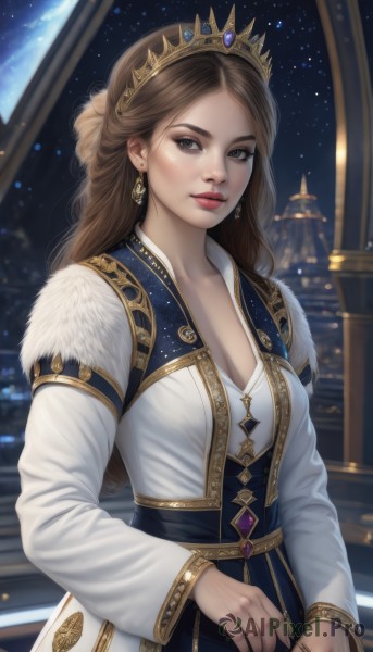 1girl,solo,long hair,breasts,looking at viewer,brown hair,long sleeves,dress,cleavage,brown eyes,jewelry,medium breasts,upper body,earrings,sky,artist name,white dress,blurry,lips,fur trim,makeup,night,blurry background,blue dress,watermark,ring,tiara,crown,gem,star (sky),night sky,gold trim,realistic,nose,red lips,princess,bangs,parted lips,parted bangs,starry sky