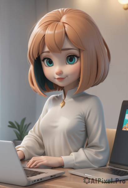 1girl,solo,breasts,looking at viewer,smile,short hair,bangs,blue eyes,blonde hair,shirt,long sleeves,sitting,white shirt,upper body,small breasts,parted lips,collared shirt,artist name,indoors,medium hair,orange hair,blurry,aqua eyes,lips,eyelashes,blurry background,table,bob cut,plant,freckles,computer,laptop,mouse (computer),jewelry,closed mouth,multicolored hair,necklace,phone,web address,nose