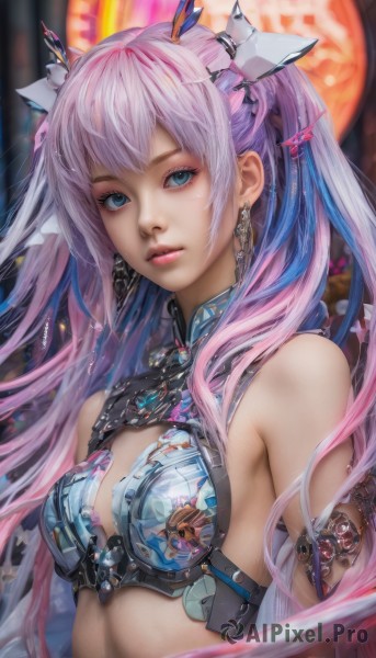 1girl,solo,long hair,breasts,looking at viewer,bangs,blue eyes,hair ornament,bare shoulders,twintails,jewelry,blue hair,upper body,pink hair,multicolored hair,earrings,small breasts,lips,realistic,medium breasts,parted lips,armor,blurry,eyelashes,makeup,gem,science fiction,pink lips,nose,fantasy,bikini armor