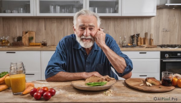 solo,looking at viewer,smile,shirt,1boy,holding,upper body,weapon,white hair,grey hair,male focus,food,collared shirt,indoors,cup,gun,fruit,facial hair,table,bottle,blue shirt,knife,beard,plate,alcohol,sleeves rolled up,drinking glass,bowl,head rest,mug,realistic,mustache,basket,carrot,bread,old,old man,orange (fruit),kitchen,tomato,vegetable,counter,lettuce,potato,wrinkled skin,cutting board,onion,window,hand on own face,apple,glass,beer,wine bottle,lemon