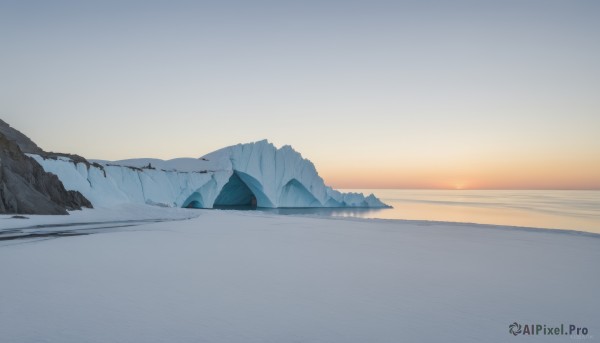 outdoors,sky,day,artist name,signature,water,blue sky,no humans,ocean,beach,scenery,snow,sunset,ice,mountain,sand,horizon,landscape,mountainous horizon,gradient sky,shore,sunrise,cloud,watermark,web address,reflection,sun,winter,bare tree