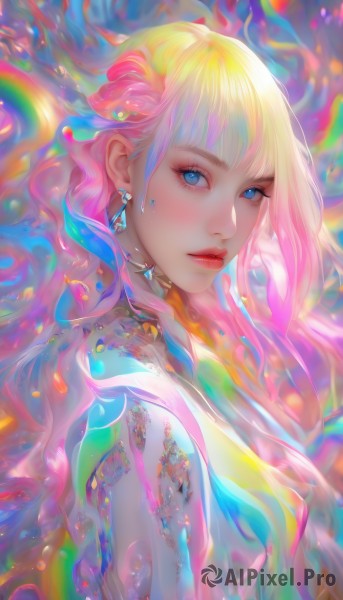 1girl,solo,long hair,looking at viewer,bangs,blue eyes,blonde hair,hair ornament,jewelry,closed mouth,blue hair,upper body,pink hair,flower,multicolored hair,earrings,choker,hair flower,from side,lips,eyelashes,gradient hair,makeup,wavy hair,lipstick,gem,eyeshadow,nose,red lips,rainbow,colorful,rainbow hair,parted lips,blunt bangs,crystal