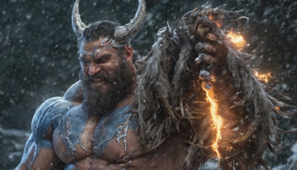 solo,short hair,black hair,1boy,nipples,upper body,weapon,male focus,outdoors,horns,sword,dark skin,armor,muscular,glowing,facial hair,scar,abs,dark-skinned male,thick eyebrows,fire,pectorals,muscular male,bara,beard,scar on face,snow,large pectorals,veins,snowing,mature male,mustache,scar across eye,bare pectorals,old,chest hair,old man,arm hair,hairy,broken horn,looking at viewer,holding,torn clothes,realistic,manly