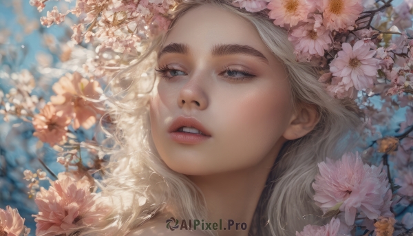 1girl, solo, long hair, blue eyes, blonde hair, flower, parted lips, teeth, blurry, lips, eyelashes, looking away, thick eyebrows, cherry blossoms, portrait, pink flower, realistic, nose