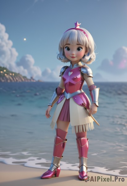 1girl,solo,looking at viewer,blush,smile,short hair,bangs,skirt,blonde hair,dress,brown eyes,closed mouth,standing,full body,weapon,white hair,hairband,boots,outdoors,sky,day,artist name,cloud,water,armor,blurry,black eyes,high heels,flat chest,blue sky,lips,depth of field,blurry background,ocean,beach,shoulder armor,child,pink dress,curly hair,pauldrons,breastplate,sand,pink footwear,horizon,armored dress,female child,armored boots,bracer,heart,high heel boots