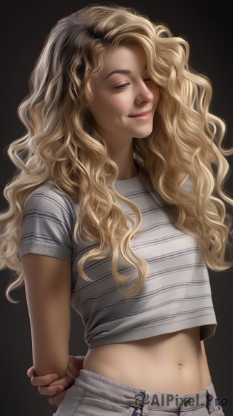 1girl,solo,long hair,breasts,smile,blonde hair,simple background,shirt,navel,closed eyes,upper body,short sleeves,multicolored hair,parted lips,midriff,striped,pants,dark skin,stomach,dark-skinned female,lips,crop top,wavy hair,arms behind back,half-closed eyes,denim,black background,freckles,curly hair,jeans,striped shirt,realistic,nose,cropped shirt,holding own arm,hand on own arm,artist name,t-shirt