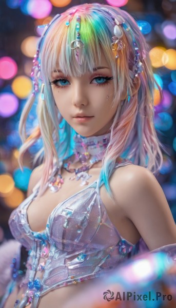 1girl,solo,long hair,breasts,looking at viewer,bangs,blue eyes,blonde hair,hair ornament,cleavage,bare shoulders,jewelry,medium breasts,closed mouth,upper body,multicolored hair,earrings,small breasts,choker,necklace,mole,blurry,lips,eyelashes,mole under eye,makeup,depth of field,blurry background,gem,realistic,nose,bokeh,blue hair,white hair,green hair,see-through,gradient hair