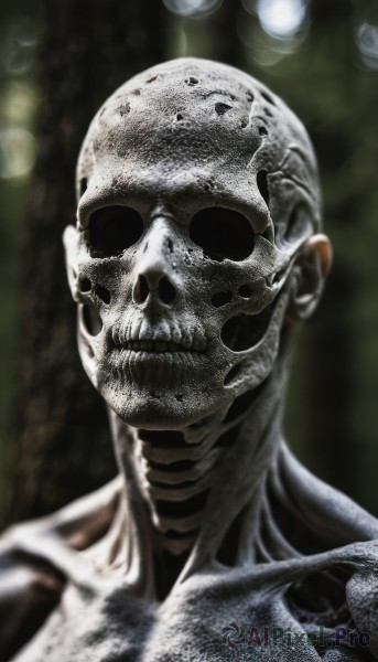 solo,looking at viewer,1boy,collarbone,upper body,male focus,teeth,blurry,no humans,blurry background,portrait,veins,skull,realistic,bald,skeleton,alien,horror (theme),depth of field