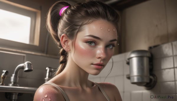 1girl,solo,long hair,looking at viewer,blush,brown hair,bare shoulders,brown eyes,jewelry,ponytail,sweat,earrings,parted lips,indoors,blurry,lips,wet,blurry background,tank top,portrait,freckles,realistic,nose,stud earrings,bathroom,hair pulled back,tile wall,sink,faucet,collarbone,upper body,window,forehead,hair tie