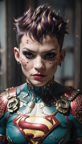 1girl,solo,breasts,looking at viewer,short hair,brown hair,black hair,jewelry,medium breasts,closed mouth,upper body,multicolored hair,earrings,artist name,armor,blurry,black eyes,two-tone hair,lips,eyelashes,bodysuit,makeup,blurry background,facial mark,piercing,lipstick,shoulder armor,ear piercing,portrait,skin tight,eyeshadow,pauldrons,realistic,red lips,eyeliner,very short hair,straight-on,mascara,nose,facepaint,undercut,dirty,mohawk,eyebrow piercing