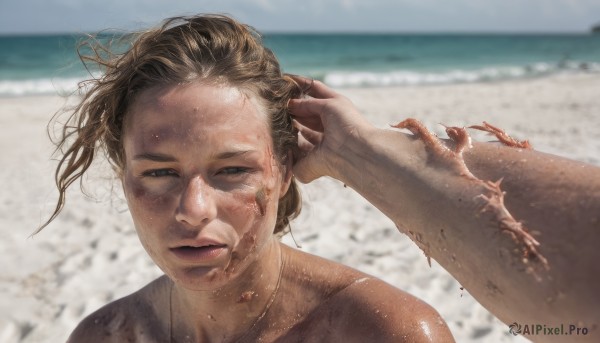 1girl,solo,looking at viewer,short hair,brown hair,jewelry,closed mouth,outdoors,one eye closed,solo focus,day,water,necklace,blurry,lips,blood,depth of field,blurry background,ocean,scar,beach,wind,portrait,hand in own hair,injury,realistic,sand,dirty,dirty face,black hair,upper body,sky,black eyes,blood on face,crab